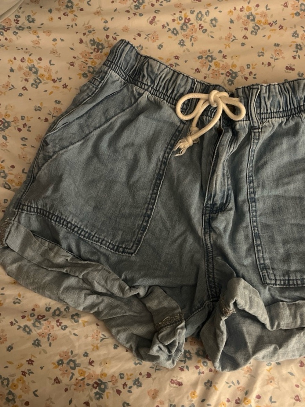 Roll Hem High Waist Denim Shorts with Drawstring